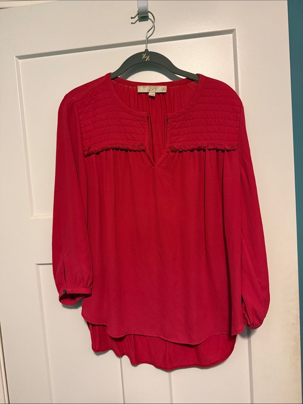 LOFT Vibrant Coral Pleated-Yoke Long Sleeve Blouse